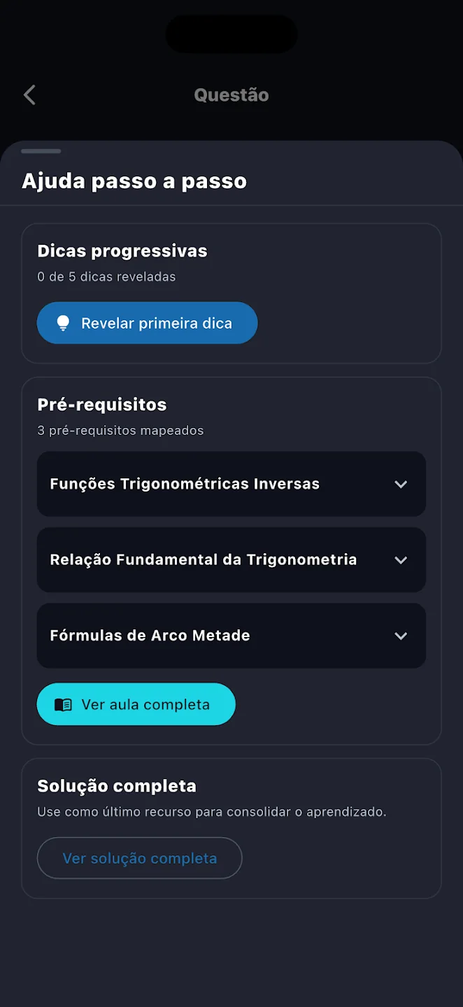 Tela de ajuda passo a passo e dicas progressivas