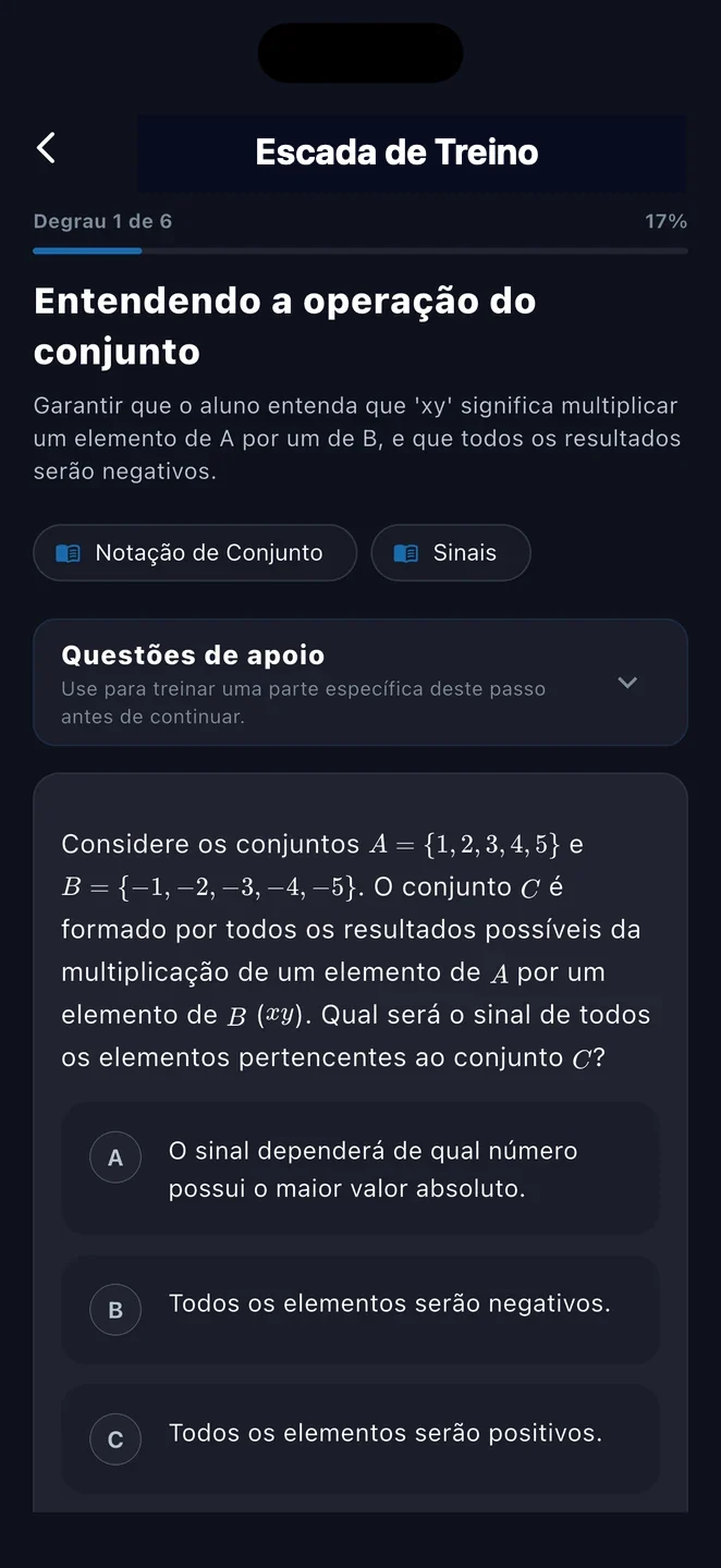 Tela da Escada de Treino com degrau, pré-requisitos e questões de apoio