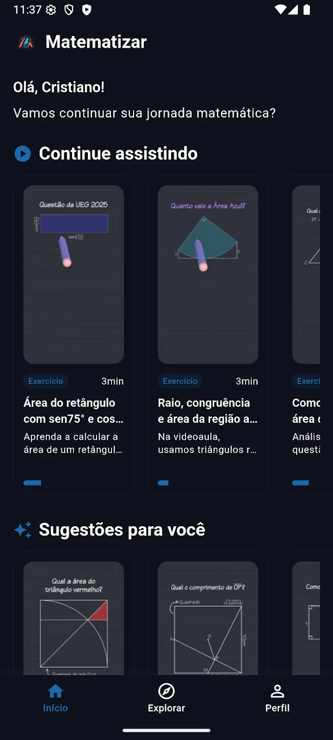 Tela inicial do app Matematizar com recomendações de estudo