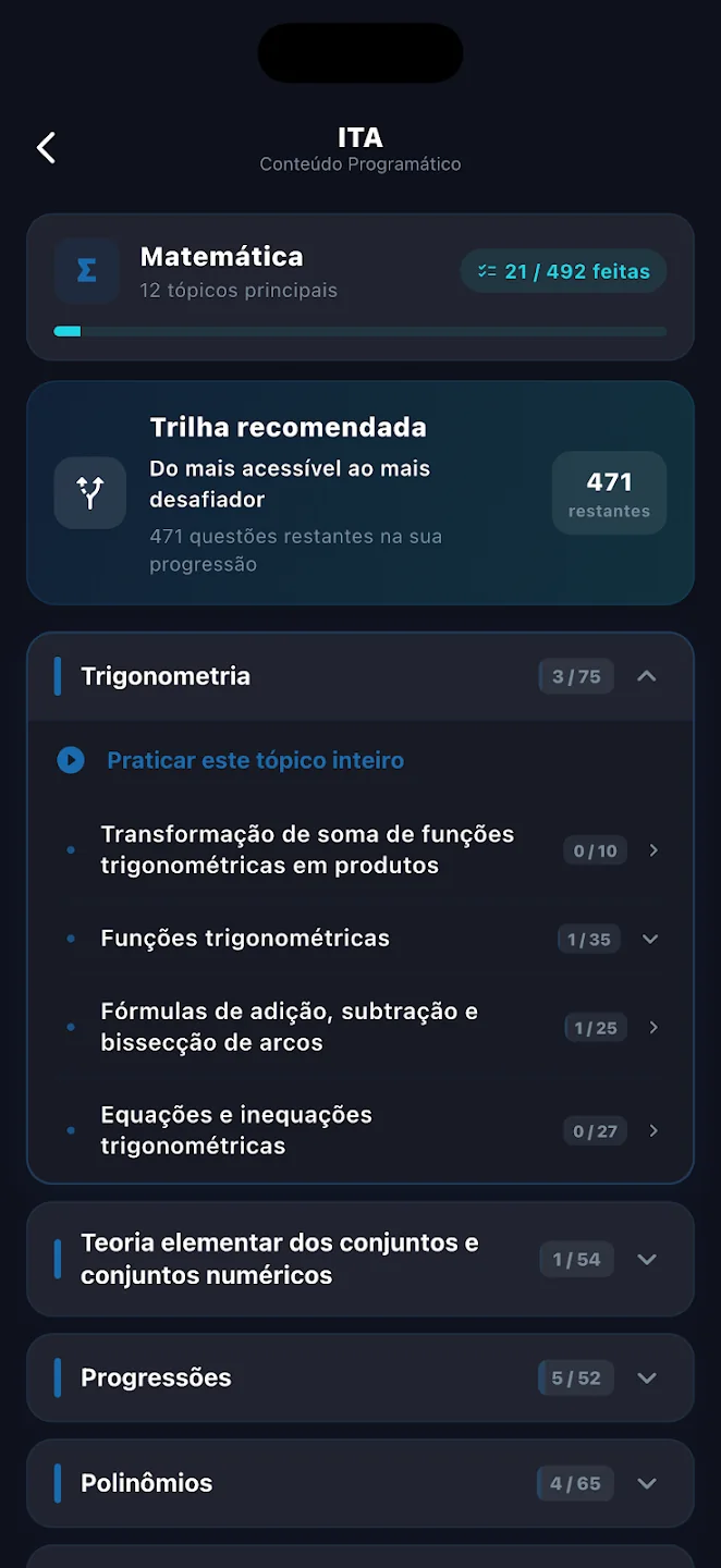 Tela de trilha e progresso por conteúdo no app Matematizar